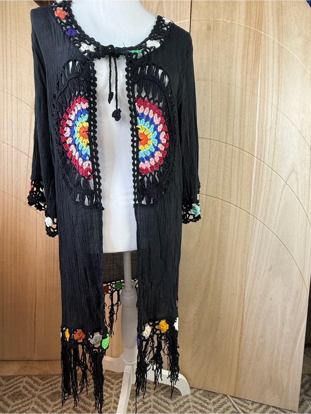 Boho Rainbow Crochet Trim Fringe Duster Cardigan Black Crinkle Gauze Kimono